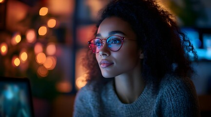 A woman with curly hair and glasses gazes thoughtfully at a screen, illuminated by soft, colorful lights in a cozy atmosphere.