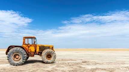 Obraz premium An old yellow tractor stands on a barren landscape under blue skies.