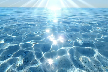 Fototapeta premium Radiant sun beams dance on the tranquil sea, crystal-clear water with gentle ripples. Vivid, high-definition detail showcases the shimmering blue ocean surface