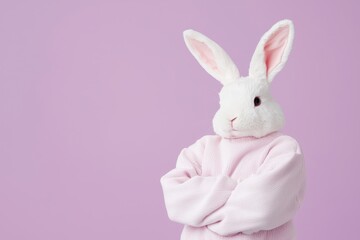 Obraz premium A whimsical bunny character dressed in a soft pink outfit against a pastel purple background, exuding charm and playfulness.