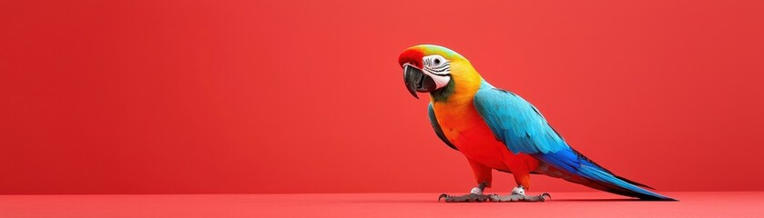 Obraz premium A colorful parrot stands against a vibrant red background, showcasing its bright plumage and striking features.