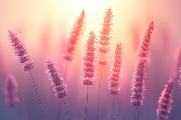 Close-up of purple wildflowers in warm pink sunlight, dreamy atmosphere