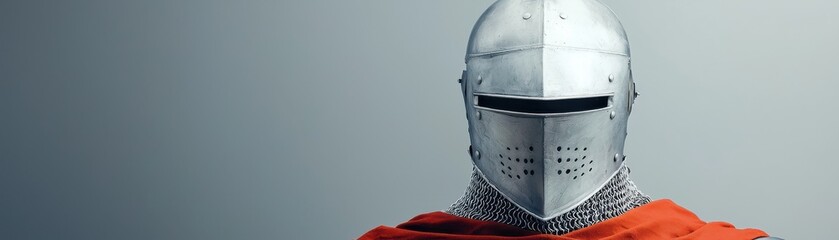 A medieval knight helmet with chainmail and an orange cloak, exuding a sense of historical valor and armor craftsmanship.