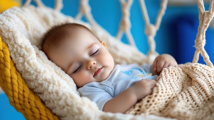 A serene baby peacefully sleeping in a cozy hammock, wrapped in a soft blanket, epitomizing tranquility and comfort in a soothing environment filled with gentle colors.