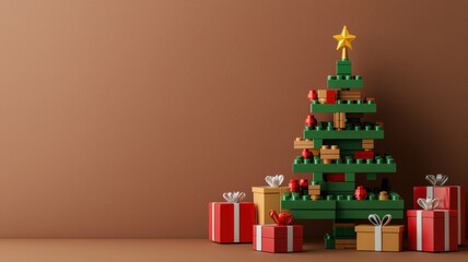 Fototapeta premium Celebrating holiday spirit colorful christmas tree with presents in a cozy indoor setting, close-up view of cheerful decor