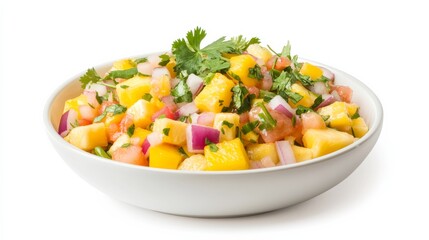 A refreshing bowl of mixed tropical fruit ceviche with diced mango, pineapple, red onion