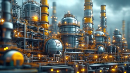 Industrial facility with pipes and tanks, illuminated by lights.