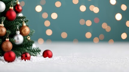 Obraz premium Festive Christmas tree with ornaments and lights.