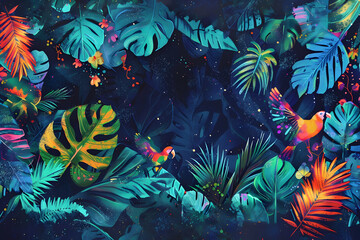 Urban jungle with mythical creatures, vibrant foliage, and a cosmic sky. Futuristic, mystical aesthetic for fashion, blending deep greens and cosmic hues on a charcoal base.