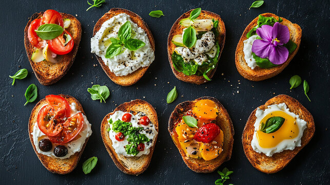 Colorful Crostini Varieties with Fresh Toppings. A delightful arrangement of crostini topped with vibrant ingredients, perfect for appetizers or party platters.