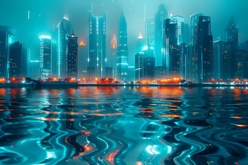 Fototapeta premium Vibrant teal neon waves ripple through a futuristic cityscape at twilight, reflecting off sleek glass buildings and shimmering in the misty night air