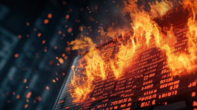 Close-up of a stock ticker in flames, illustrating the volatility and common investing mistakes in the market.