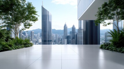 Obraz premium Modern cityscape with greenery and sleek architecture.