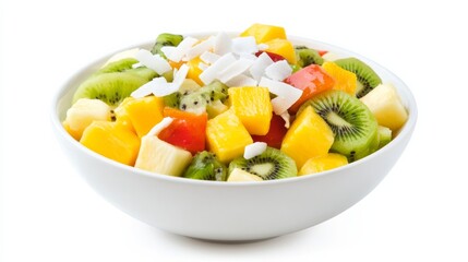A refreshing bowl of tropical fruit salad with diced mango, pineapple, kiwi