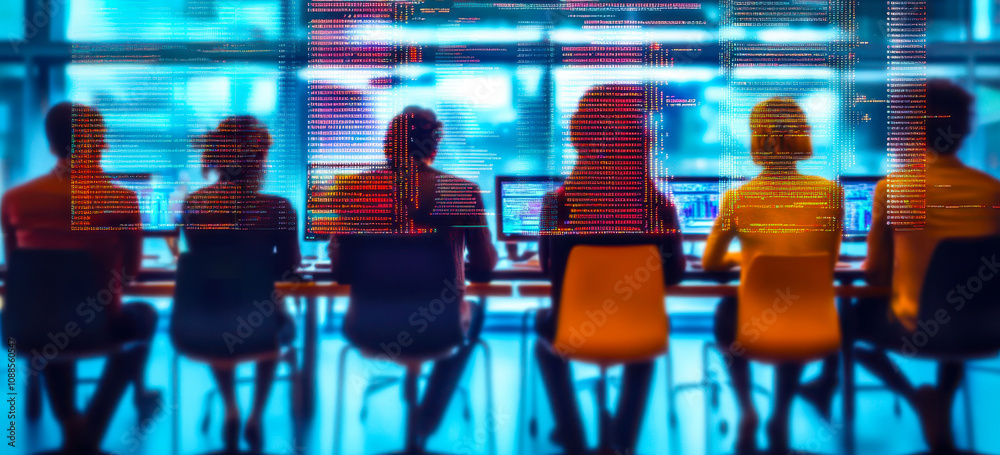 Poster diverse hacker group collaborating on coding project in modern office environment