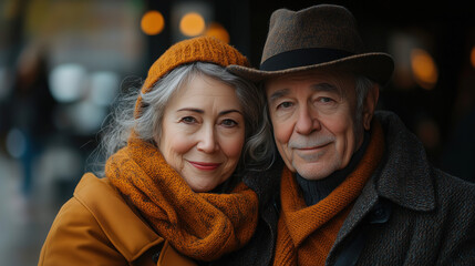 Senior couple enjoying a cozy moment outdoors in autumn with warm attire and gentle expressions. Generative AI