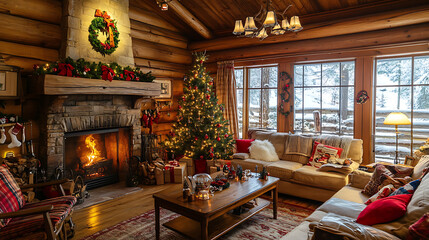 A rustic-style living room with wooden accents, a crackling fireplace, and seasonal decorations creating a festive vibe 