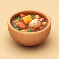 Adorable Cartoon Soup in Wooden Bowl