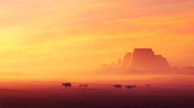 Mesopotamian Dawn: Serene Landscape of Ancient Civilizations with Grazing Sheep and Silhouetted Ziggurats
