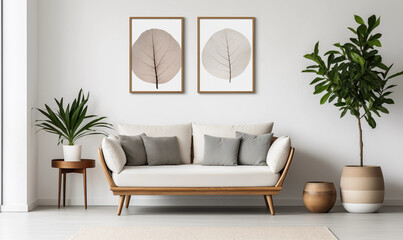 Modern Living Room Interior Beige Sofa Plants Leaf Prints