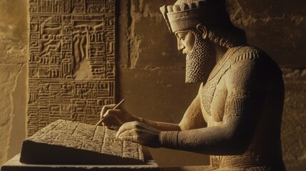 Ancient Mesopotamian Scribe Writing on Clay Tablet: Importance of Record-Keeping and Literature in Early Civilization