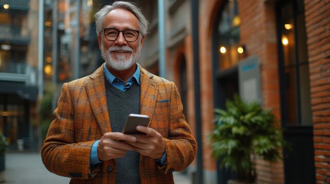 Happy mature older business man entrepreneur wearing suit using mobile cell phone outdoors. Middle-aged businessman executive holding smartphone looking at camera standing outside office
