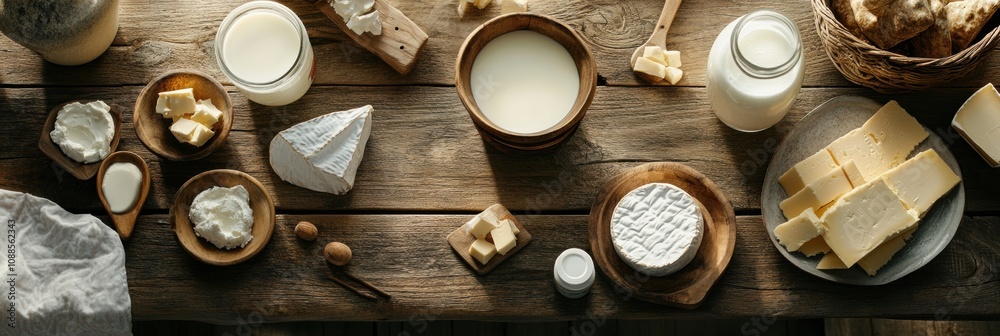 Aufkleber a variety of dairy products like milk, cheese, and butter are elegantly arranged on a rustic wooden 