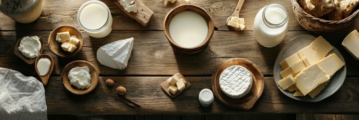 A variety of dairy products like milk, cheese, and butter are elegantly arranged on a rustic wooden table, creating a warm atmosphere. Generative AI