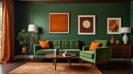 Here's a possible  and keyword list for your stock photo.. _Elegant mid-century modern living room with green velvet sofa, orange accents, and abstract art._