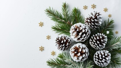 Festive snowdusted pinecones and golden snowflakes arrangement winter wonderland decorative art cozy home top-down view holiday cheer