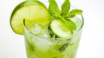 A refreshing cucumber mint mojito garnished with lime wedges and fresh mint leaves, Each sip cool and invigorating, Set against an isolated white background to accentuate its summery vibe 