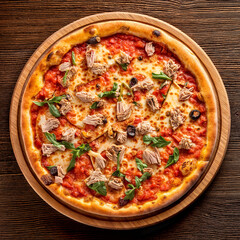 italia tuna pizza top view flat lay on a wooden table