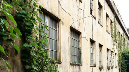 Fototapeta premium Neglected Industrial Structure Overgrown with Ivy, Serene Blue and Green Tones, Industrial Decay Aesthetic.