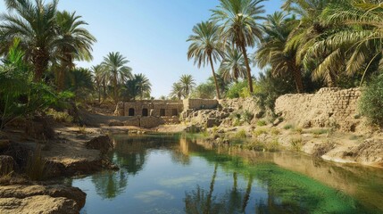 Tranquil Oasis in Ancient Mesopotamia: Symbol of Natural Resources for Prosperity | Ultra-Detailed Photo of Palm Trees, Clear Water & Stone Structures