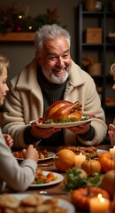 Senior man smiling while serving Thanksgiving turkey to his family. Happy elderly man celebrating Thanksgiving with loved ones.
