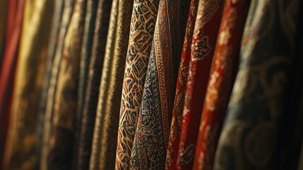 Vibrant Mesopotamian Textiles Display - Close-up of Richly Colored Fabric in Shop Showcasing Ancient Craftsmanship and Trade