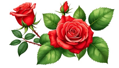 Naklejka premium Vibrant red roses and lush green leaves on white background