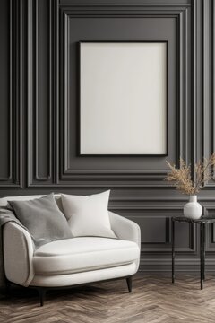 A stylish living room showcases a contemporary white sofa adorned with cushions next to a minimalist table holding a vase of dried flowers, all set against dark paneled walls. ? blank frame.