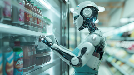 Fototapeta premium AI Robot as Housemaid Organizing Refrigerator Shelves in Kitchen – Advanced Home Assistance and Smart Cleaning Technology