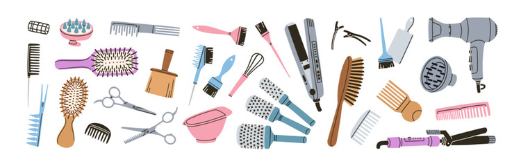Hairdressing tools set. Hair care accessories. Hairstyling beauty equipment. Scissors, comb, brush, blow dryer, straightener and curling iron. Flat vector illustration isolated on white background