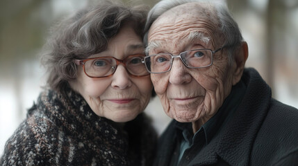 Elderly couple smiles warmly together outdoors during a snowy winter day in a tranquil setting. Generative AI