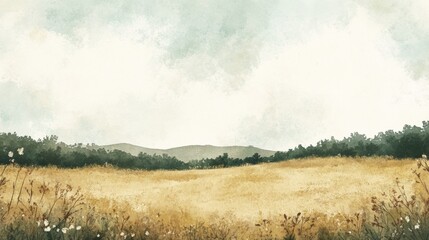 Fototapeta premium Pastel Meadow Watercolor Illustration, Childlike Field Scene with Soft Colors and Light Background