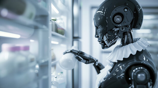 AI Robot Housemaid in Classic Maid Dress Cleaning Refrigerator Shelves in Modern Kitchen Interior