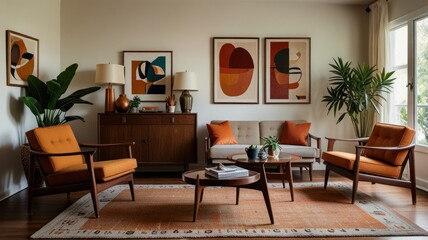 Mid-century modern living room with orange armchairs, wooden sideboard, and abstract art.