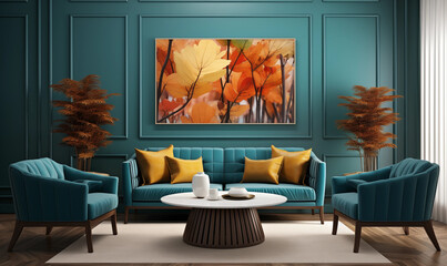 Teal Living Room Interior with Autumn Leaves Artwork Gold Accents