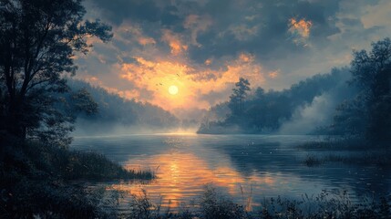 A serene sunset over a tranquil lake, surrounded by misty forests and vibrant clouds illuminating the sky's reflection on water.