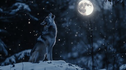 Naklejka premium A wolf howls at the full moon in a snowy forest under a starry sky.