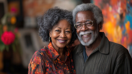 Elderly couple smiling together in a colorful art-filled environment during a joyful afternoon. Generative AI