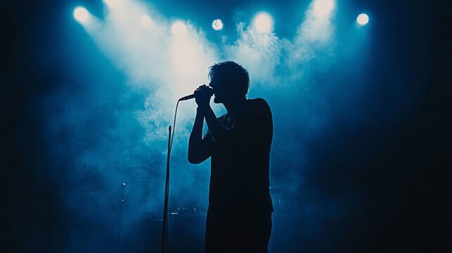 A man is singing into a microphone in front of a blue light - Powered by Adobe