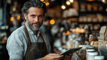 Middle-aged barista working behind the counter of a busy coffee shop, checking orders on a digital tablet